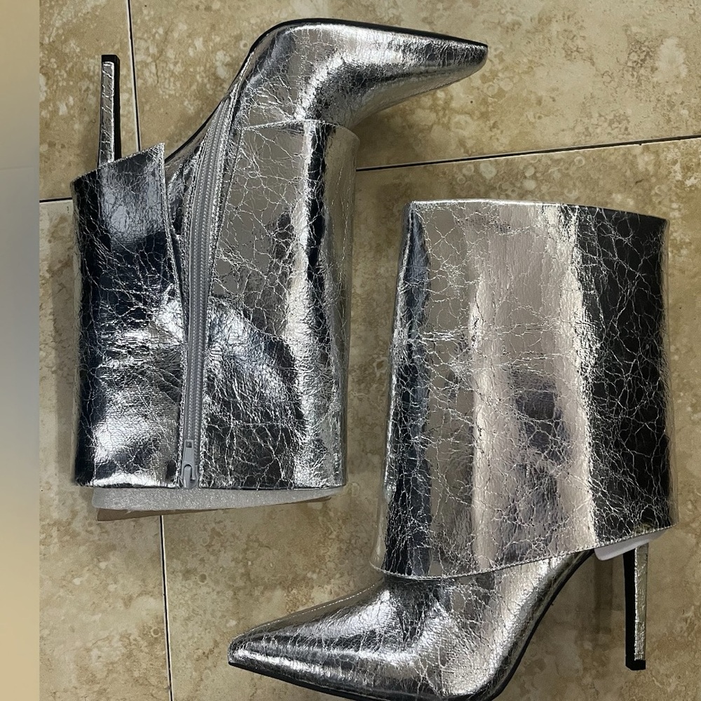 Silver Stiletto Heeled Boots with Crinkled Texture